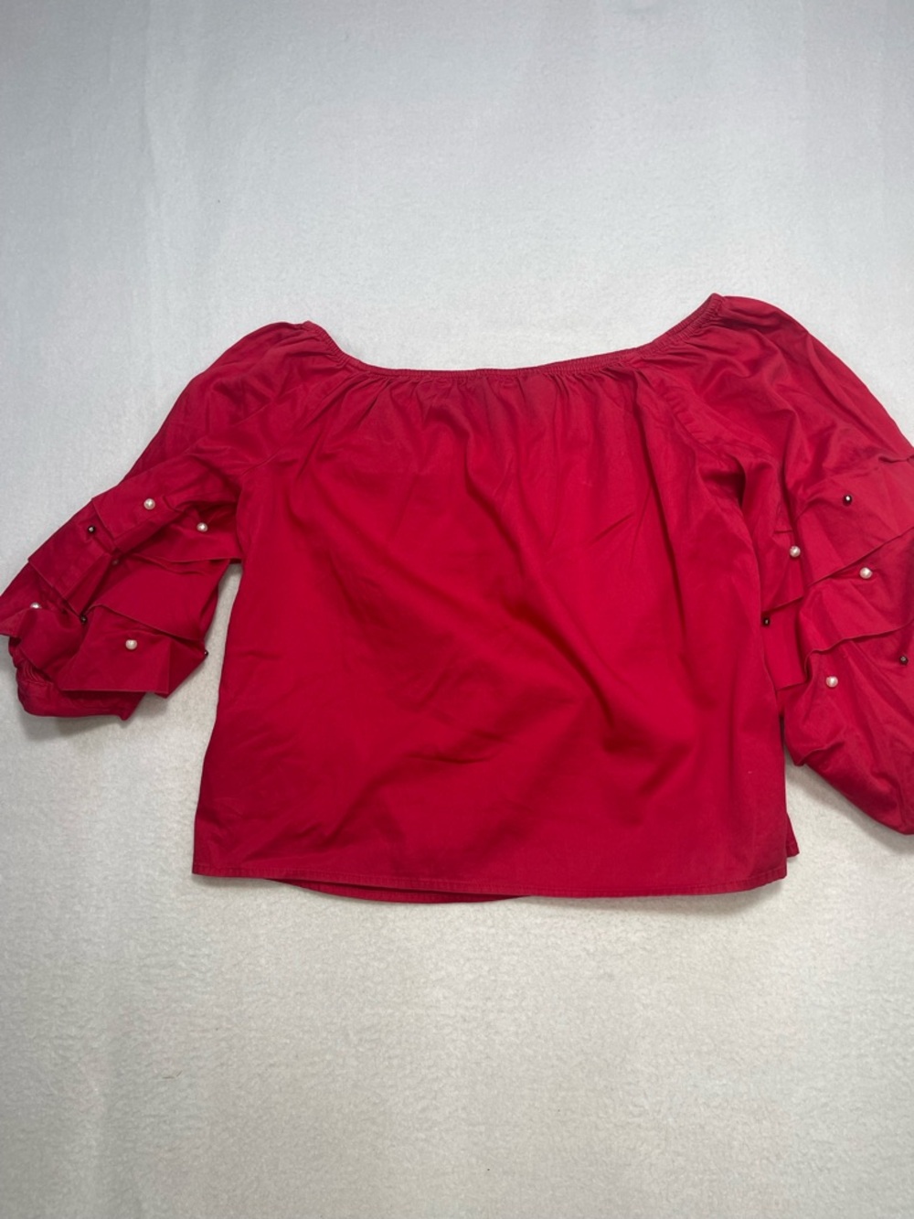 Guess Red Off Shoulder Blouse Small Ruffle Sleeve Pearl Detail Top - Picture 3 of 7